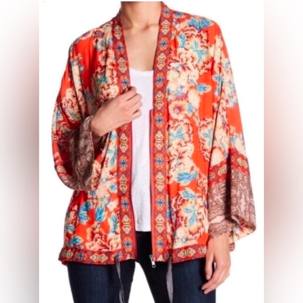 Free People Wildflower Oversized Zip up Kimono with pockets Size M Orange